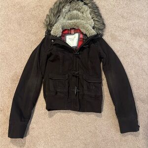 Abercrombie & Fitch Chocolate Brown Jacket with Faux Fur Trim Collar and Hood